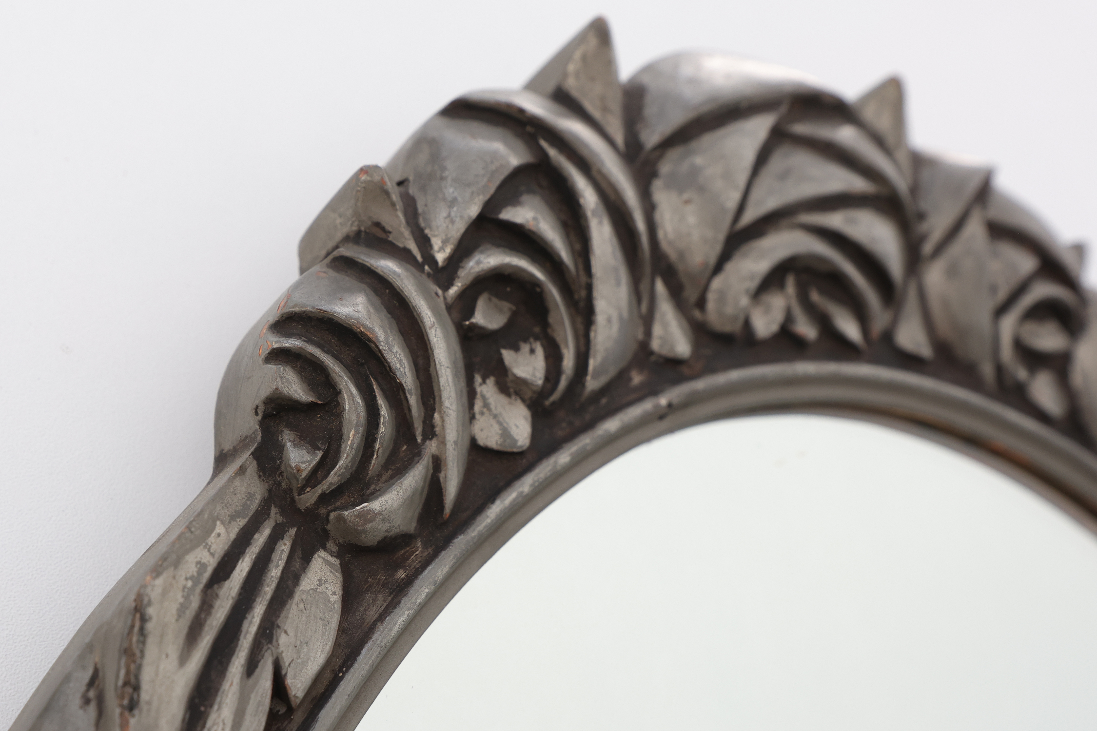 French Art Deco Oval Mirror with Carved Roses and Silver-Painted Frame, 1920sthumbnail